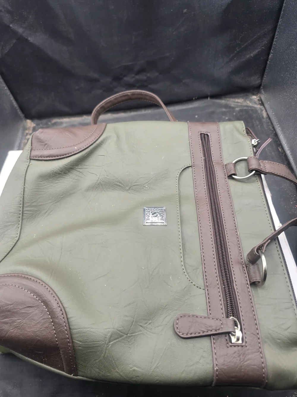 Stone & Co. Olive Green Backpack with Brown Trim